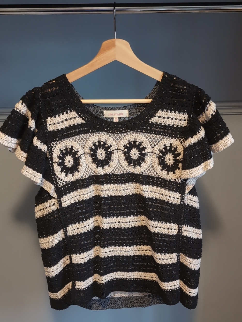 Solitaire Black and Cream Crochet Stripe Flutter-Sleeve Top